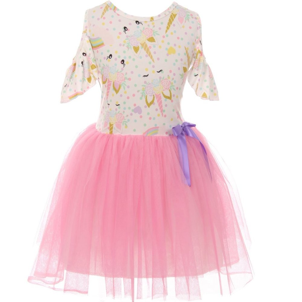 Girl Kids Children Cold Shoulder Polka Dot Unicorn Floral Flower Girl Dress 2-8